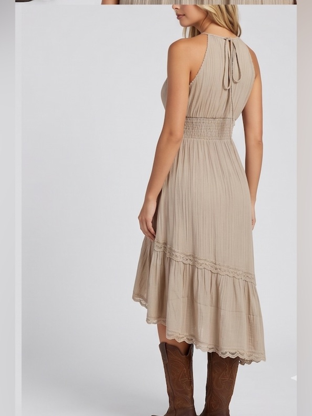 Boho Crinkle Gauze Halter Midi Dress - Lace-Up Corset High-Low Dress in Taupe - Picture 4 of 8